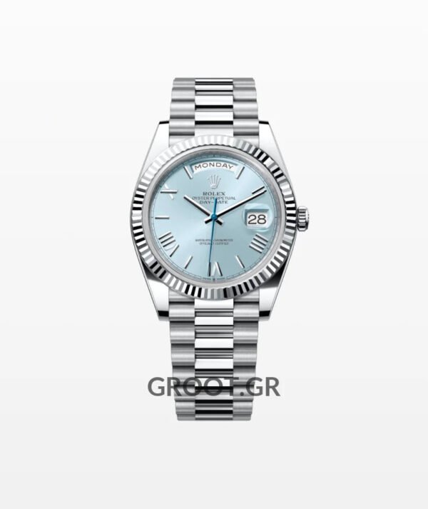 Rolex Day-Date President Platinum Watch Ice Blue Roman Dial 40Mm